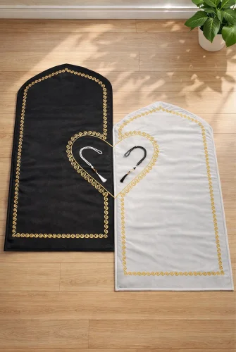 Kalpli Seccade Eşli Çift Seccadesi Hediyelik Gelin Damat Bohçası Çeyizlik Seccade Seti - Gold 