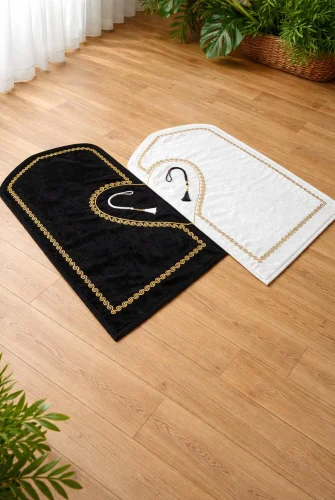 Kalpli Seccade Eşli Çift Seccadesi Hediyelik Gelin Damat Bohçası Çeyizlik Seccade Seti - Gold - 2