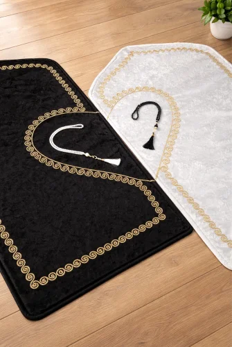 Kalpli Seccade Eşli Çift Seccadesi Hediyelik Gelin Damat Bohçası Çeyizlik Seccade Seti - Gold - 4