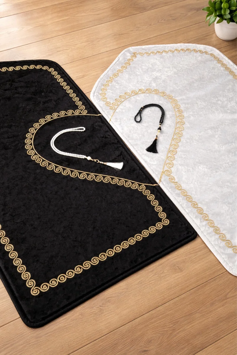 Kalpli Seccade Eşli Çift Seccadesi Hediyelik Gelin Damat Bohçası Çeyizlik Seccade Seti - Gold - 4