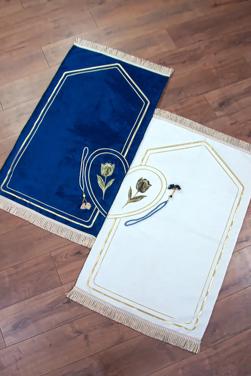 Çeyizlik Eşli Çift Seccadesi, Bohçalık Kalpli Namazlık Set Mavi Krem - 1