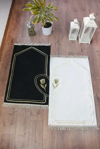 Çeyizlik Eşli Çift Seccadesi, Bohçalık Kalpli Namazlık Set Siyah Krem - 1