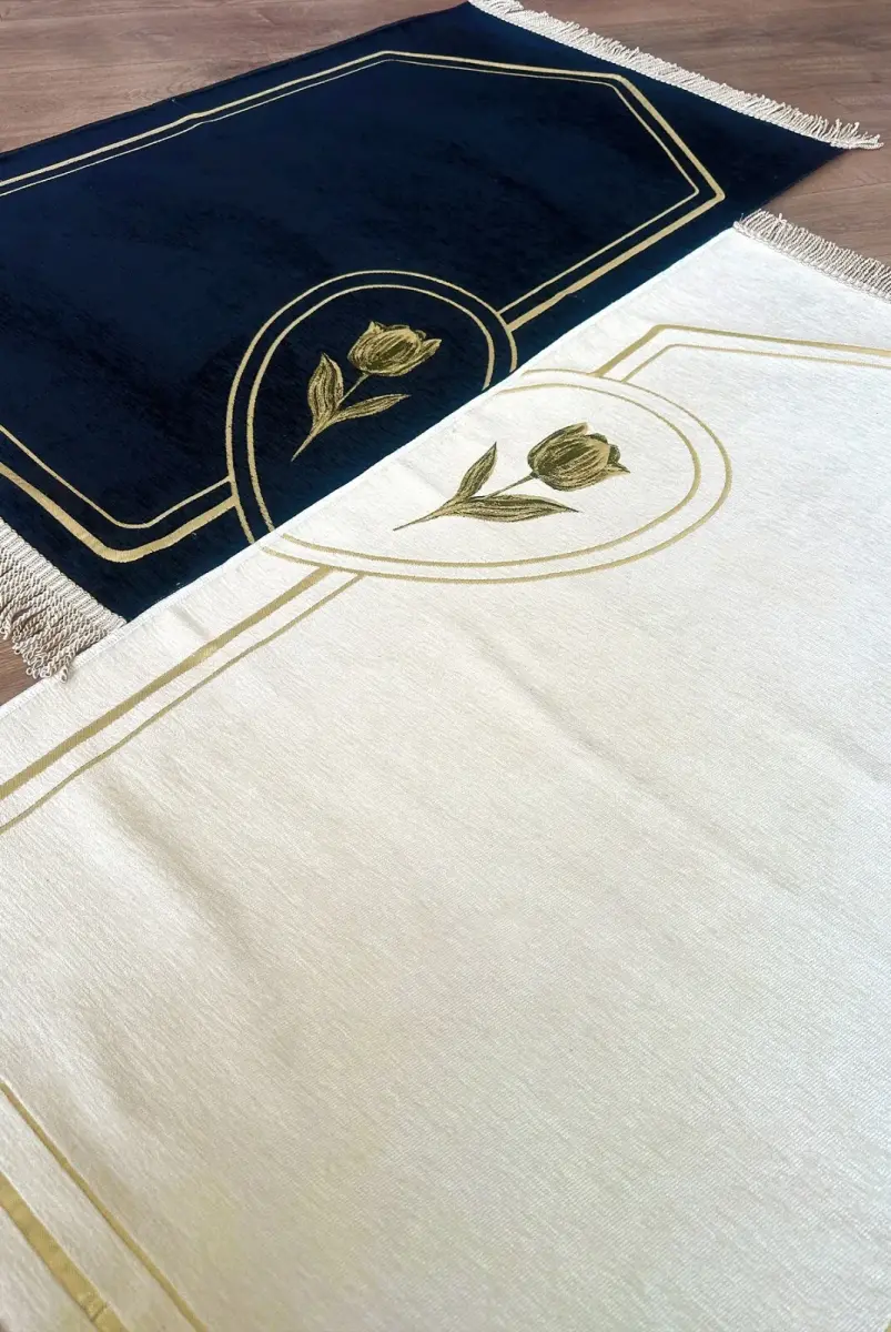 Çeyizlik Eşli Çift Seccadesi, Bohçalık Kalpli Namazlık Set Siyah Krem - 5