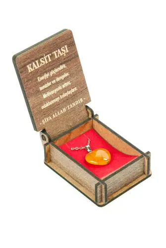 Kalsit Taşı Kalp Kolye - Ahşap Kutulu Hediyelik - 4