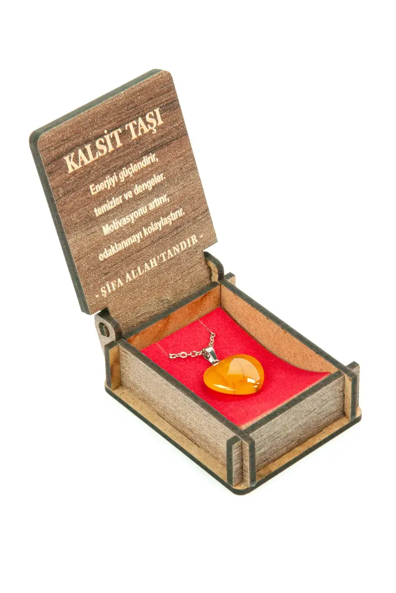 Kalsit Taşı Kalp Kolye - Ahşap Kutulu Hediyelik - 4