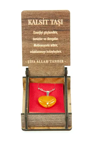 Kalsit Taşı Kalp Kolye - Ahşap Kutulu Hediyelik - 5