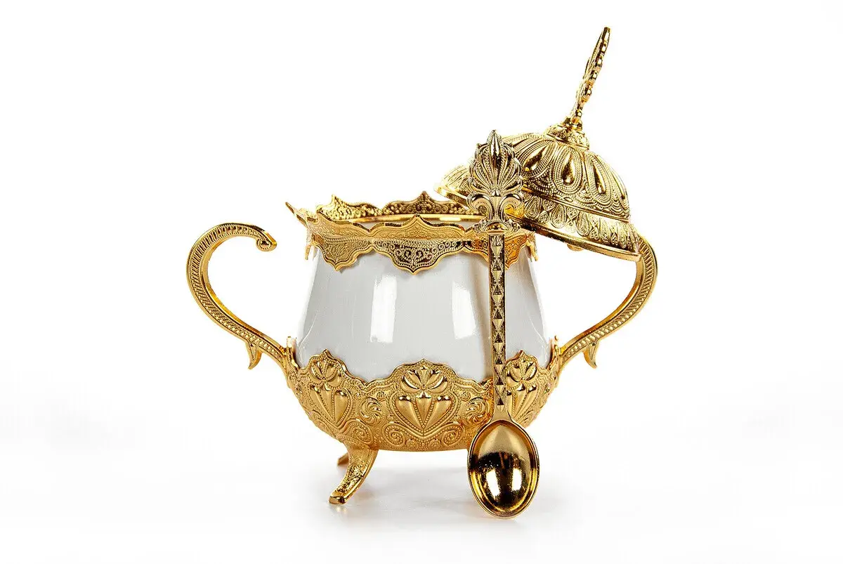 Kapaklı ve Kaşıklı Lüks Porselen Şekerlik Lokumluk Gümüş Gold - 4