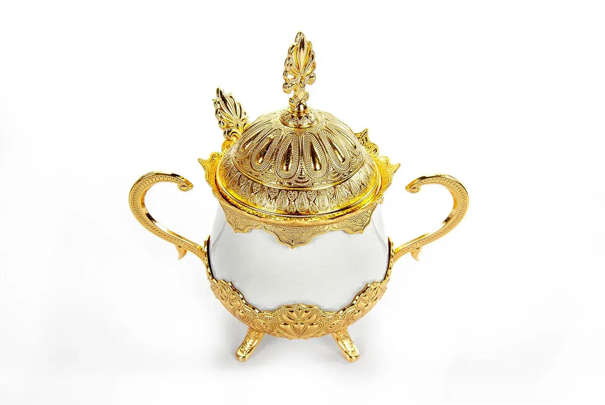 Kapaklı ve Kaşıklı Lüks Porselen Şekerlik Lokumluk Gümüş Gold - 5