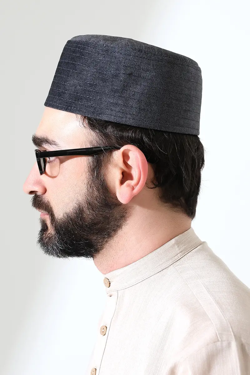 Kapitone Desenli Kadife Kalıp Namaz Takkesi Koyu Gri - 4