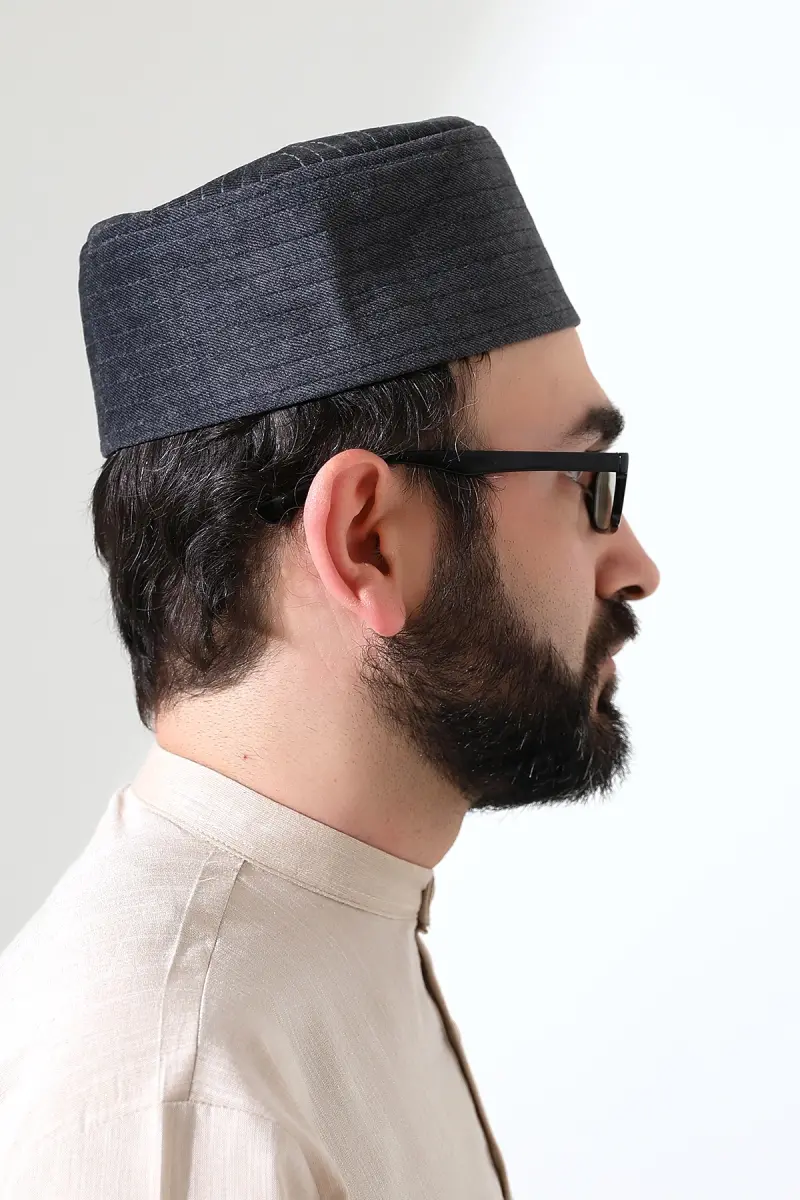 Kapitone Desenli Kadife Kalıp Namaz Takkesi Koyu Gri - 5