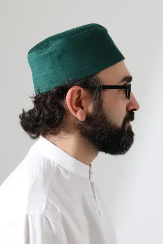 Kapitone Yıldız Desenli Kadife Kalıp Namaz Takkesi Yeşil - 4