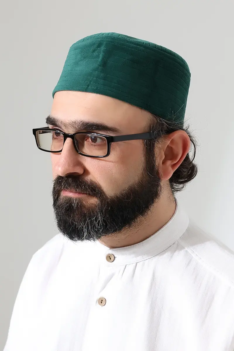 Kapitone Yıldız Desenli Kadife Kalıp Namaz Takkesi Yeşil - 5