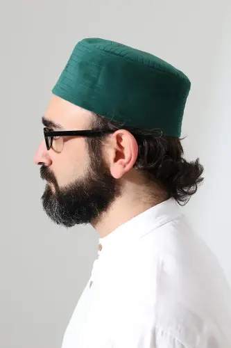 Kapitone Yıldız Desenli Kadife Kalıp Namaz Takkesi Yeşil - 6