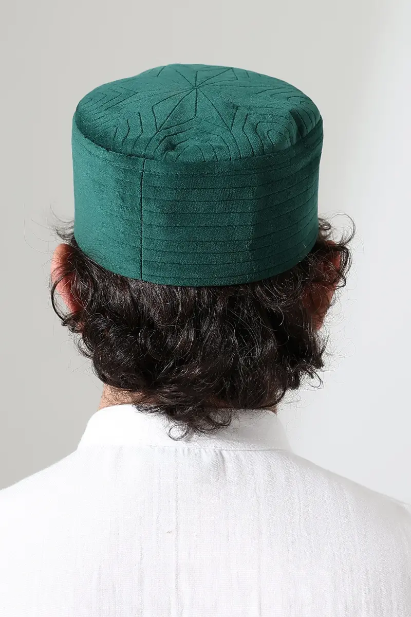 Kapitone Yıldız Desenli Kadife Kalıp Namaz Takkesi Yeşil - 7