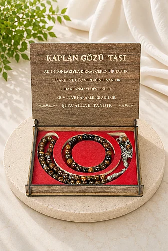 Kaplan Gözü Taşı 33’lü Tesbih ve Bileklik Seti – Ahşap Kutulu Doğal Taş Hediye Seti - 1
