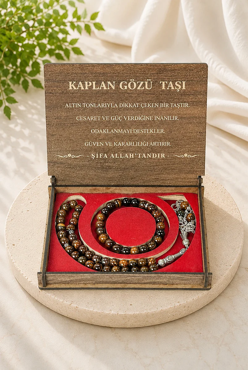 Kaplan Gözü Taşı 33’lü Tesbih ve Bileklik Seti – Ahşap Kutulu Doğal Taş Hediye Seti - 1