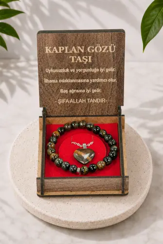 Kaplan Gözü Taşı Bileklik ve Kolye Seti - Ahşap Kutulu Hediyelik 