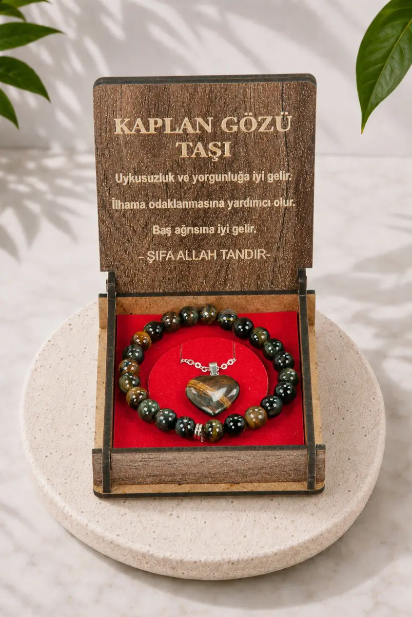 Kaplan Gözü Taşı Bileklik ve Kolye Seti - Ahşap Kutulu Hediyelik - 1