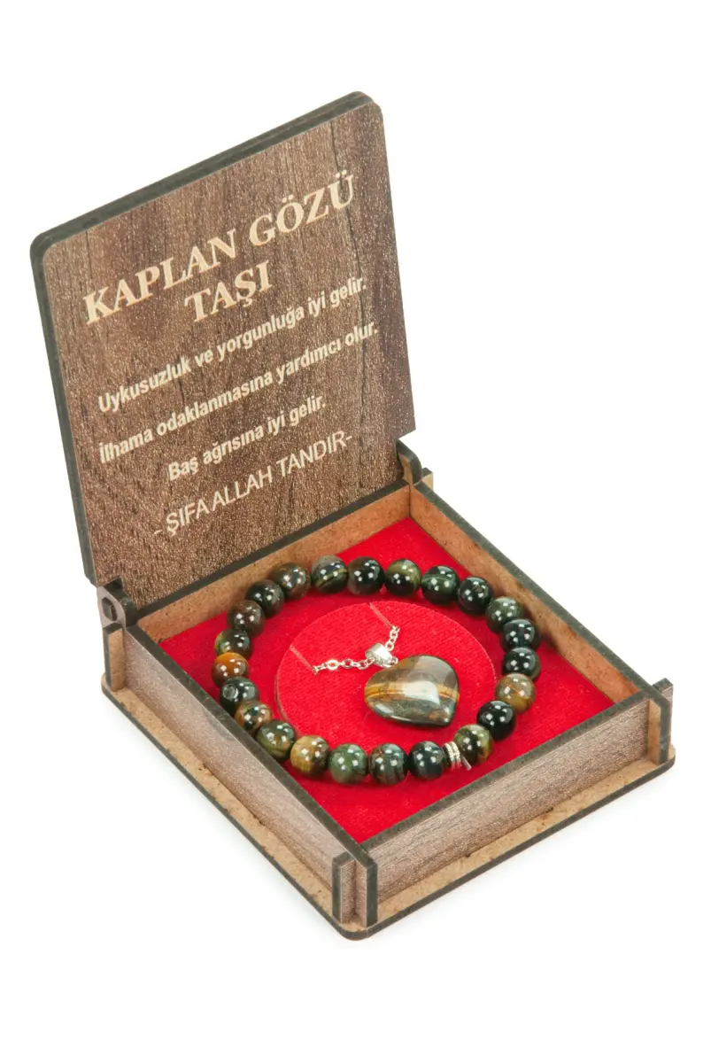Kaplan Gözü Taşı Bileklik ve Kolye Seti - Ahşap Kutulu Hediyelik - 4