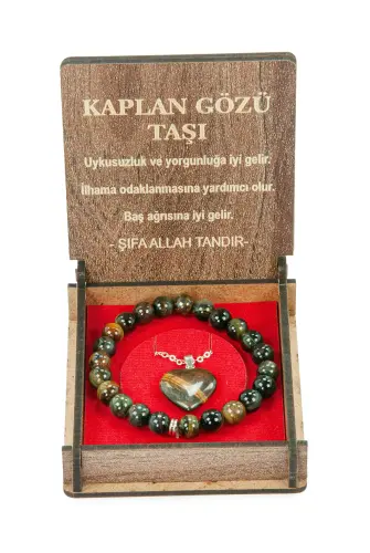 Kaplan Gözü Taşı Bileklik ve Kolye Seti - Ahşap Kutulu Hediyelik - 5