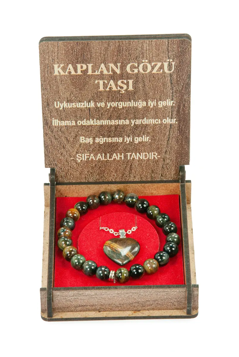 Kaplan Gözü Taşı Bileklik ve Kolye Seti - Ahşap Kutulu Hediyelik - 5