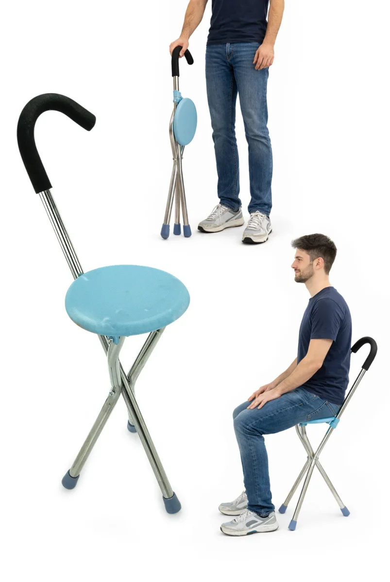 Katlanır Oturaklı Taşınabilir Baston Sandalye Ergonomik ve Hafif - Mavi - 1
