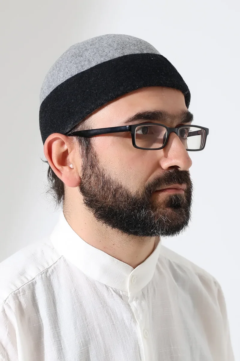 Erkek İki Renkli Keçe Yün Derviş Takke - Gri Siyah - 3