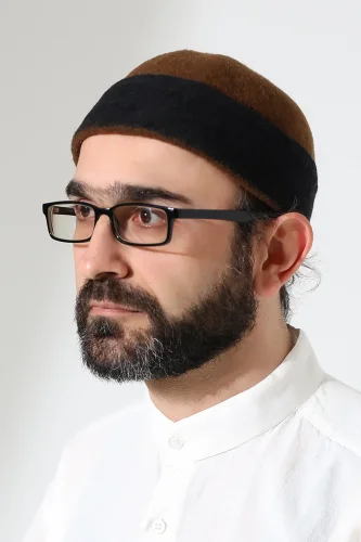 Erkek İki Renkli Keçe Yün Derviş Takke - Kahverengi Siyah - 1