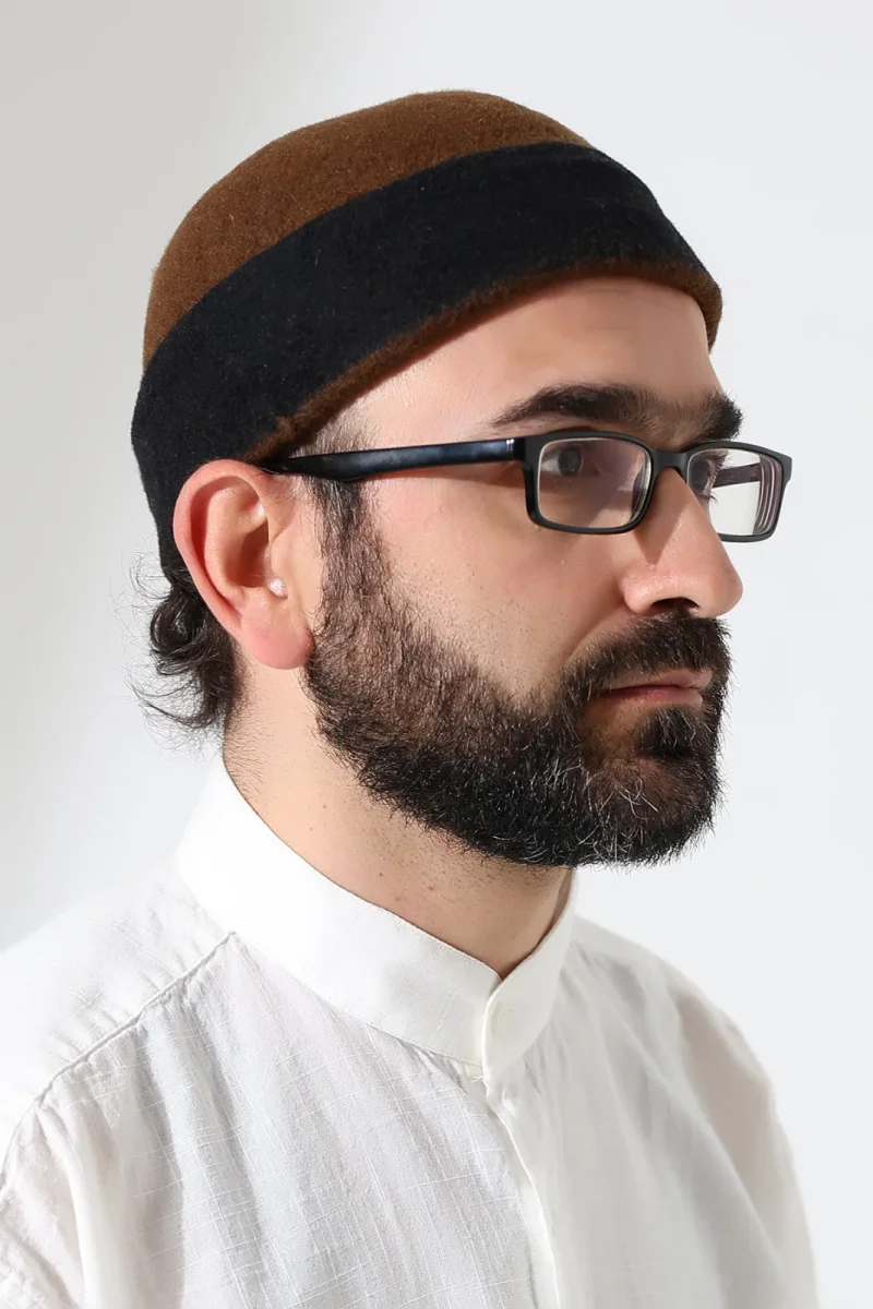 Erkek İki Renkli Keçe Yün Derviş Takke - Kahverengi Siyah - 2