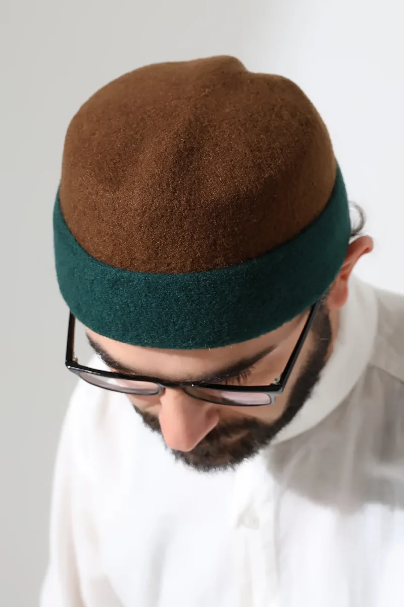 Erkek İki Renkli Keçe Yün Derviş Takke - Yeşil Kahverengi - 2