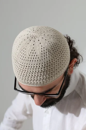 Kehribar Örme Namaz Takkesi, Örgü Motifli Takke Bej - ihvanonline (1)