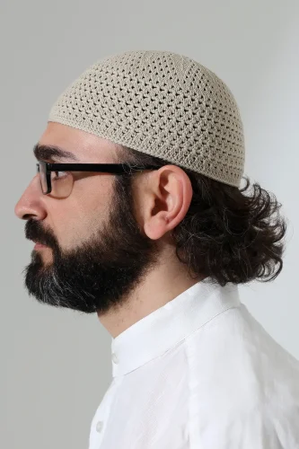 Kehribar Örme Namaz Takkesi, Örgü Motifli Takke Bej - 4