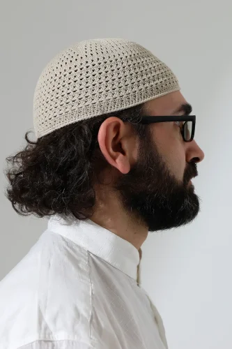 Kehribar Örme Namaz Takkesi, Örgü Motifli Takke Bej - 6