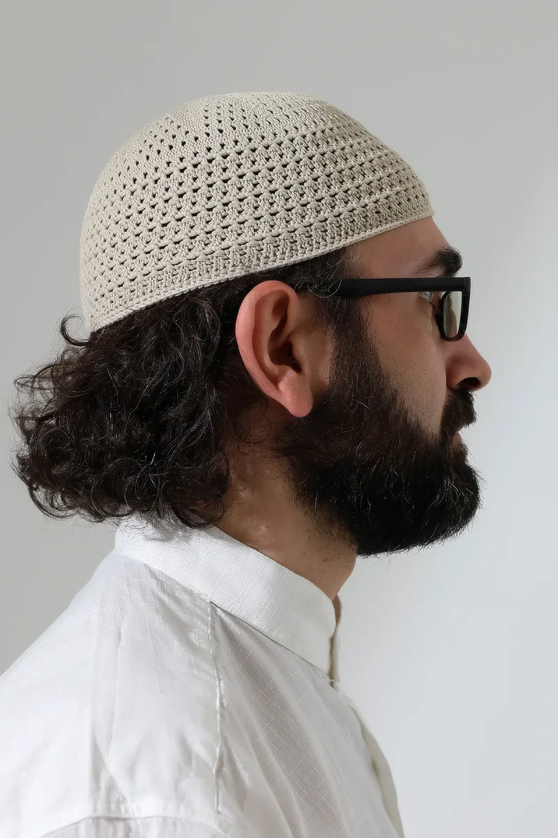 Kehribar Örme Namaz Takkesi, Örgü Motifli Takke Bej - 6