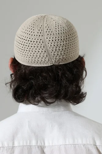 Kehribar Örme Namaz Takkesi, Örgü Motifli Takke Bej - 7