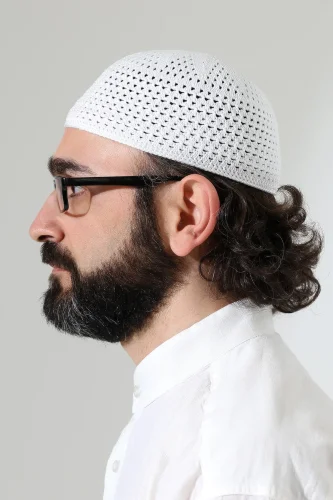 Kehribar Örme Namaz Takkesi, Örgü Motifli Takke Beyaz - 5