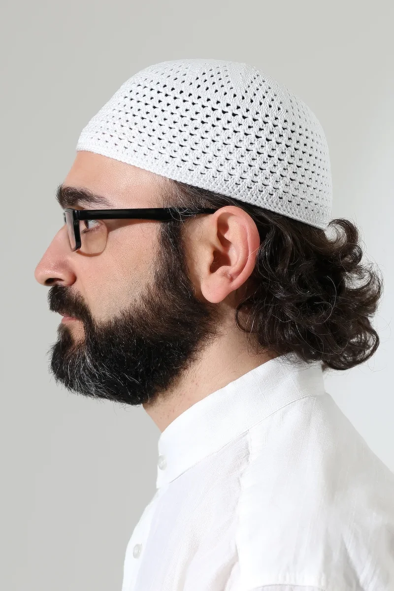 Kehribar Örme Namaz Takkesi, Örgü Motifli Takke Beyaz - 5