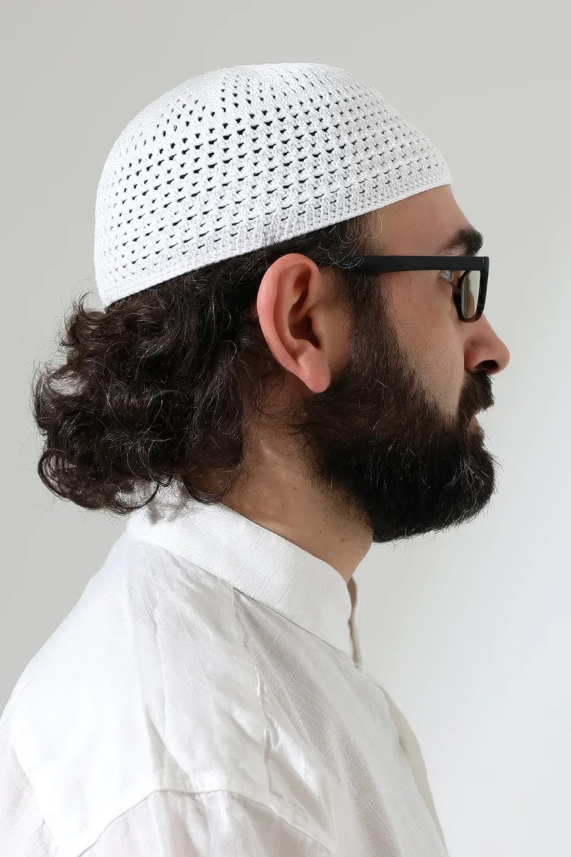 Kehribar Örme Namaz Takkesi, Örgü Motifli Takke Beyaz - 6