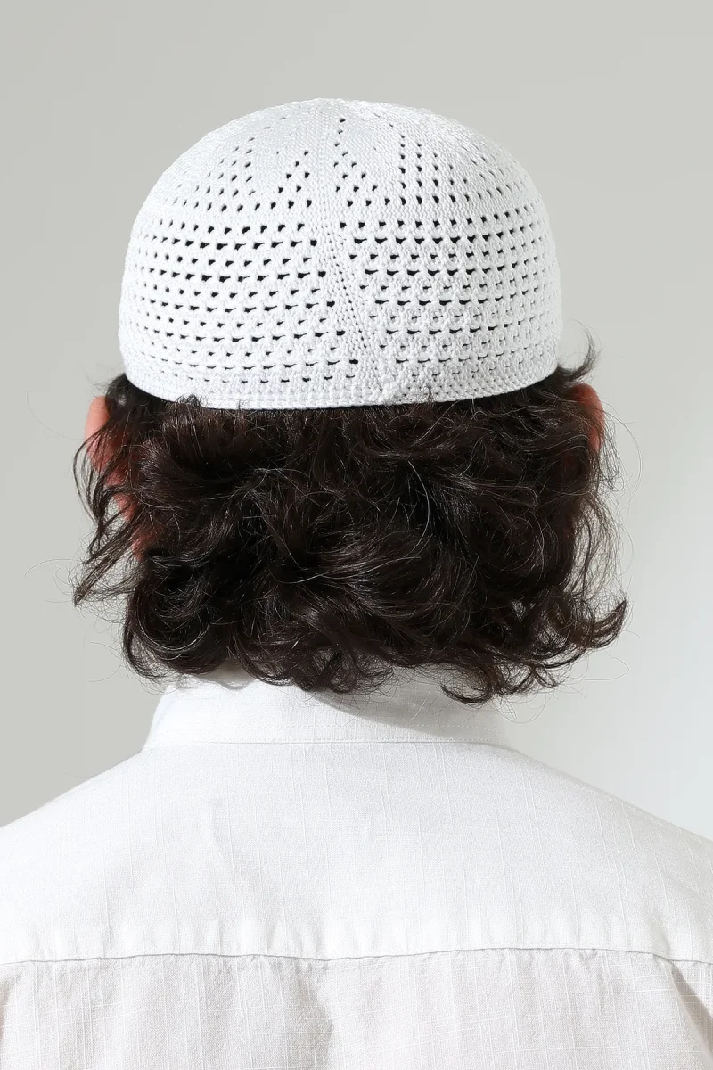 Kehribar Örme Namaz Takkesi, Örgü Motifli Takke Beyaz - 7