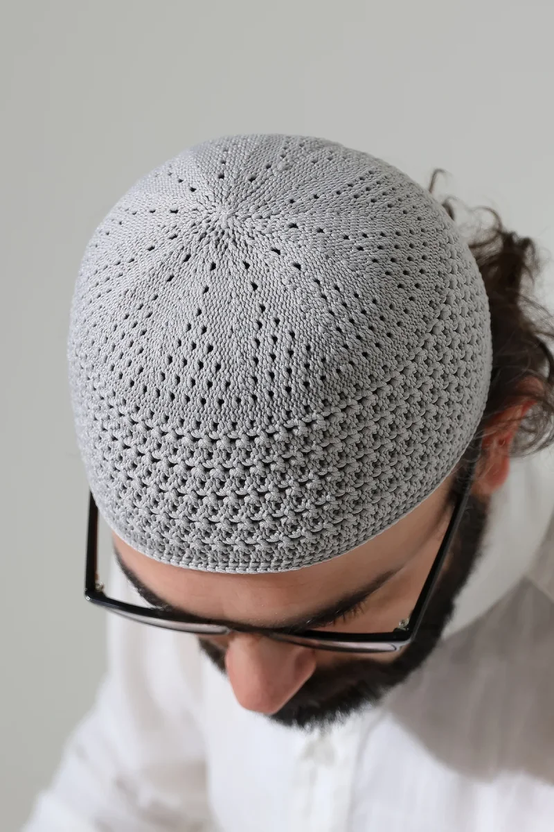 Kehribar Örme Namaz Takkesi, Örgü Motifli Takke Gri - 2