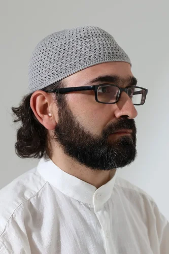 Kehribar Örme Namaz Takkesi, Örgü Motifli Takke Gri - 4