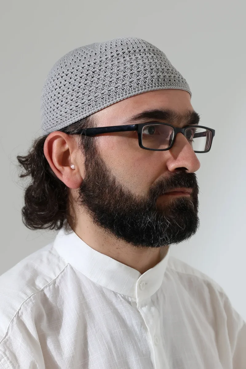 Kehribar Örme Namaz Takkesi, Örgü Motifli Takke Gri - 4