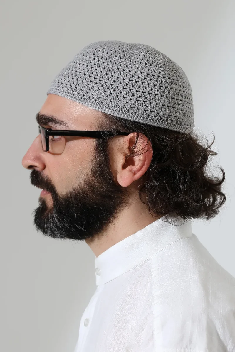 Kehribar Örme Namaz Takkesi, Örgü Motifli Takke Gri - 5