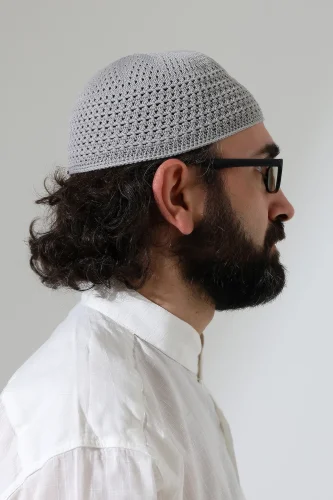 Kehribar Örme Namaz Takkesi, Örgü Motifli Takke Gri - 6
