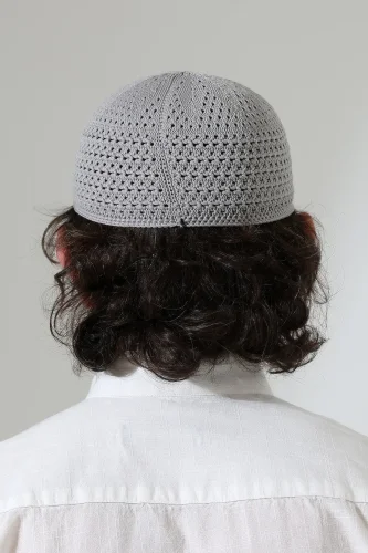 Kehribar Örme Namaz Takkesi, Örgü Motifli Takke Gri - 7
