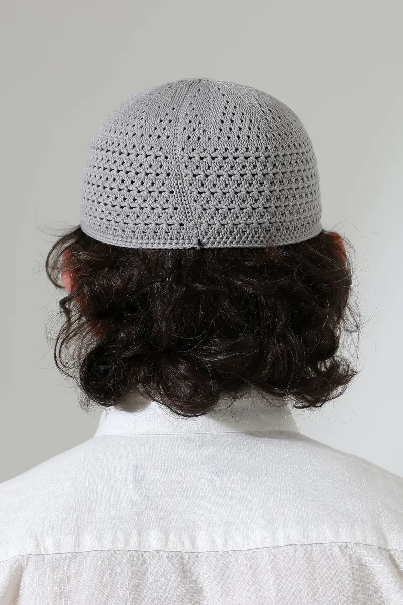 Kehribar Örme Namaz Takkesi, Örgü Motifli Takke Gri - 7