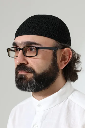 Kehribar Örme Namaz Takkesi, Örgü Motifli Takke Siyah - 1