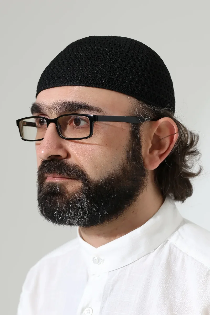 Kehribar Örme Namaz Takkesi, Örgü Motifli Takke Siyah - 1