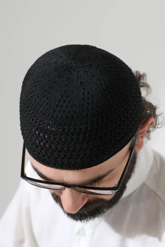 Kehribar Örme Namaz Takkesi, Örgü Motifli Takke Siyah - 4