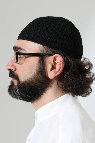 Kehribar Örme Namaz Takkesi, Örgü Motifli Takke Siyah - 5